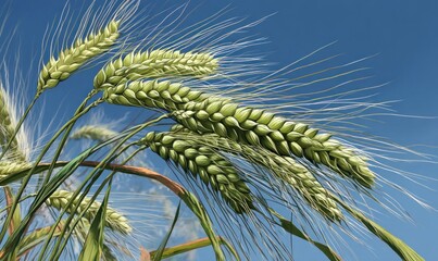 Wheat heads against a clear blue sky. Lush green stalks