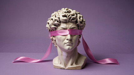 Blindfolded sculpture of a man adorned with a pink ribbon set against a soft purple background