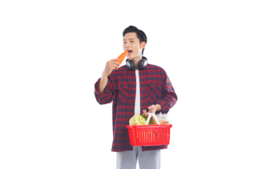 portrait of asian man holding shopping basket posing on white background, shopping concept