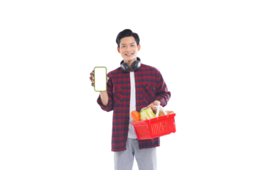 portrait of asian man holding shopping basket posing on white background, shopping concept