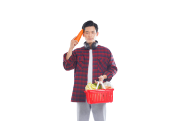 portrait of asian man holding shopping basket posing on white background, shopping concept