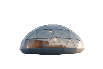 Futuristic transparent dome house with integrated smart technology and weather-responsive features offering luxurious off-grid living experience and ultimate comfort