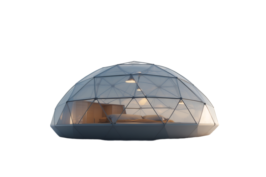 Futuristic transparent dome house with integrated smart technology and weather-responsive features offering luxurious off-grid living experience and ultimate comfort