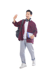Naklejka premium portrait of asian male student with backpack, holding books posing on white background, education concept