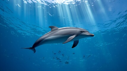 Naklejka premium A dolphin gracefully swims in the clear blue ocean. Sunlight streams through the water, illuminating the beautiful creature 