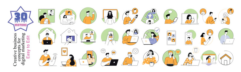 Modern Communication Vector Pack: Digital Interaction & Social Networking Illustrations, A vibrant collection of communication concept vector illustrations, featuring diverse characters engaged