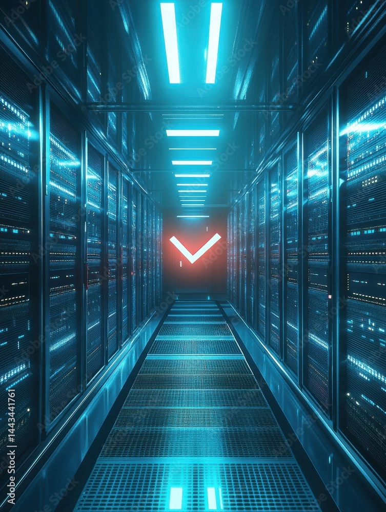 Poster futuristic server room with glowing blue servers and check mark symbolizing secure data processing a