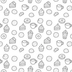 Seamless Hand-drawn Pattern with Coffee, Donuts and Cute Sweets in Line Art Style