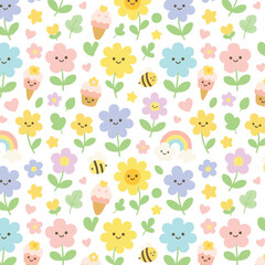 Spring Kawaii Vector Pattern Background
