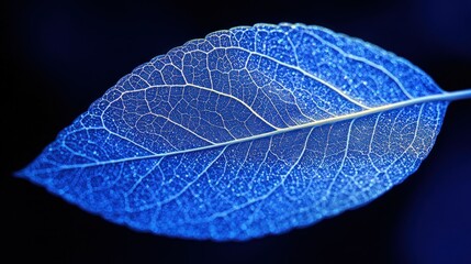 Detailed close-up of a vibrant blue leaf.  A translucent leaf's intricate vein structure is highlighted against a dark background