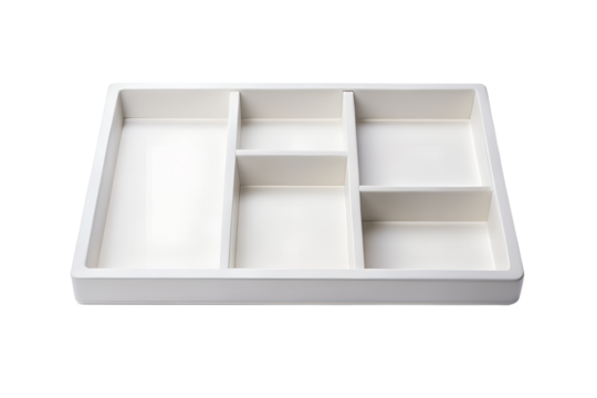 White drawer organizer for kitchen tidy storage and organization on transparent background