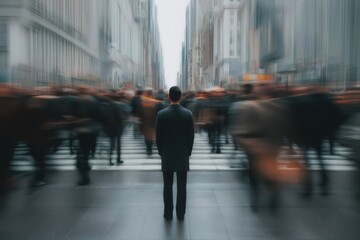 Businessman standing still in the middle of a busy street with blurred crowd passing by, concept of individuality and different vision