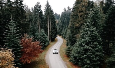 Winding road through a dense autumn forest, a car passes through