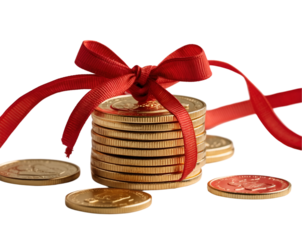 Golden Opportunity, Stack of Shiny Coins Tied with a Festive Red Ribbon, Symbolizing Wealth, Celebration, and Financial Gift-Giving