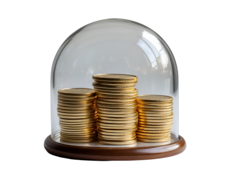 Golden Stacks, Preserving Wealth Under Glass Dome, Capturing a Symbol of Financial Security and Enduring Prosperity in a Unique and Elegant Still Life