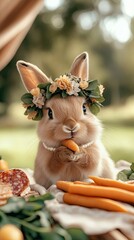 Luxury summer lifestyle with exotic pets as influencers. A cute rabbit wearing a flower crown, holding a carrot in a vibrant green garden.