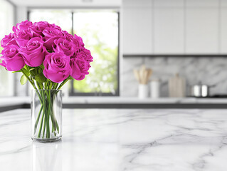 Pink Roses Bouquet in Glass Vase on Marble Kitchen Counter