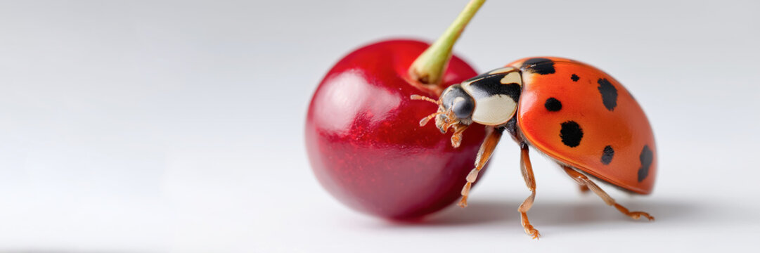 A ladybug is on top of a cherry. The ladybug is orange and black. The cherry is red - Powered by Adobe