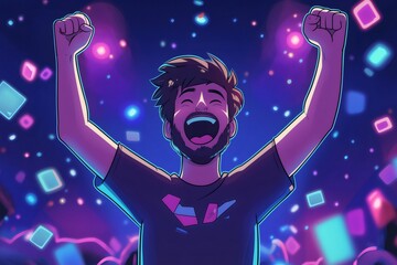Happy streamer celebrating a successful fundraising event, surrounded by colorful confetti and vibrant lights