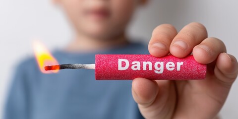 A child is holding a red firework that says Danger. The firework is lit, and the child is holding it up to show it to someone. Concept of excitement and danger