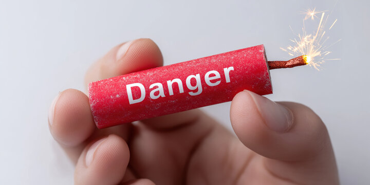 A person is holding a red firecracker with the word Danger written on it. Concept of danger and caution, as the person is holding the explosive device in their hand