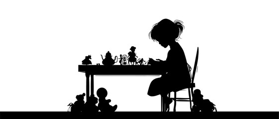 Fototapeta premium vector silhouette girl playing with toys at table on white .Generative AI