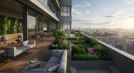 Fototapeta premium Luxurious Rooftop Garden With Panoramic City Views At Sunset