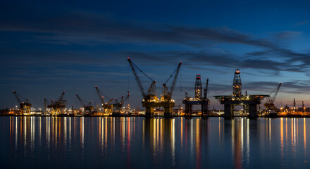 Offshore Oil and Gas Platform at Night with Reflections in the Water and a Deep Blue Sky
