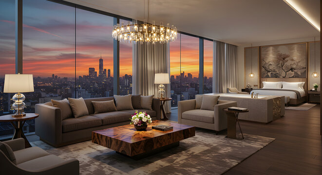 Luxury Penthouse Suite At Sunset With Breathtaking City Skyline View