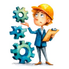 Engineer pondering gear choices, holding a clipboard, wearing a hard hat. Watercolor style