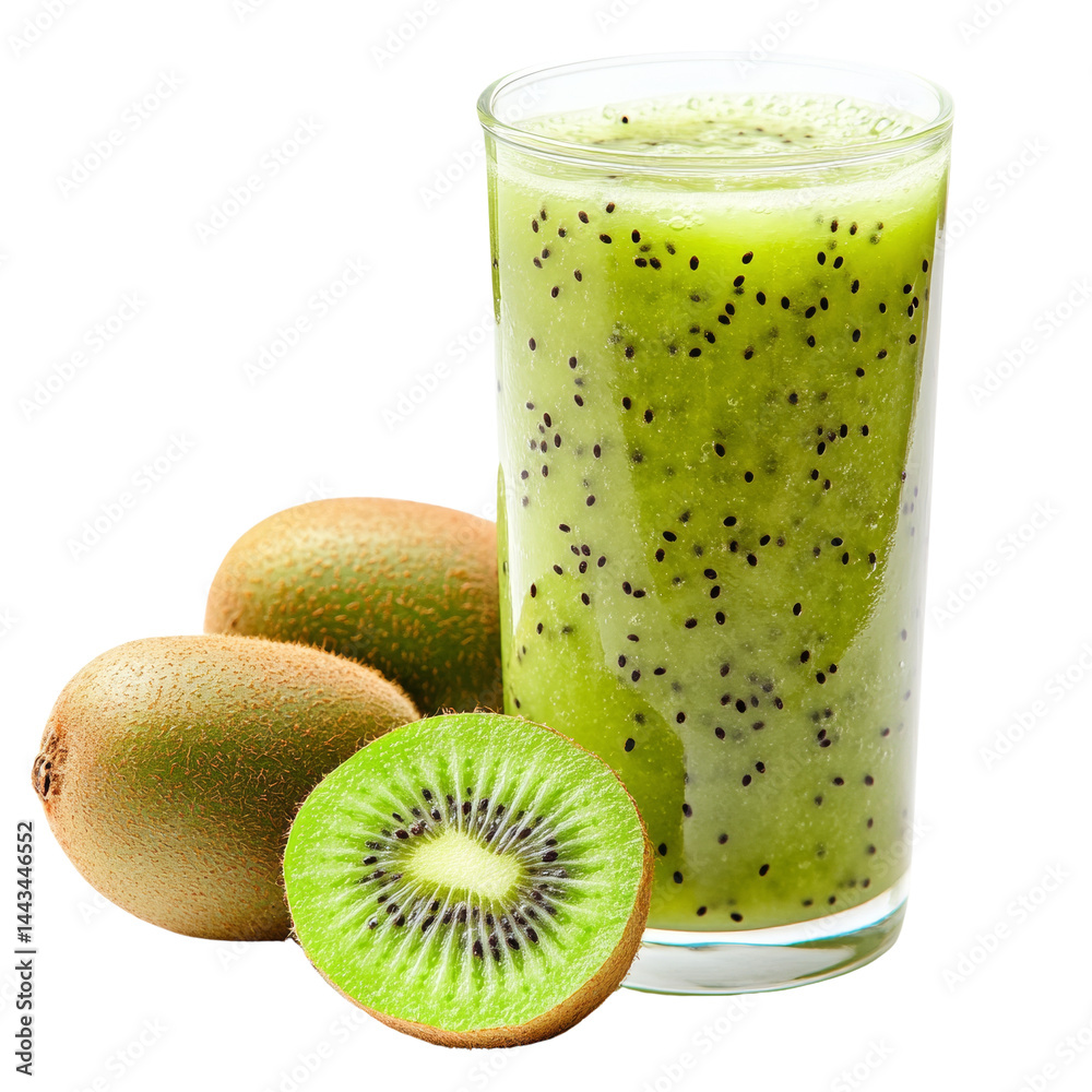 Poster invigorating kiwi smoothie with whole and halved fruits against a pure backdrop