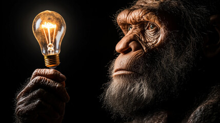 Close up of Neanderthal with glowing idea bulb 