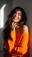 Woman in orange sweater, joyful expression, soft lighting
