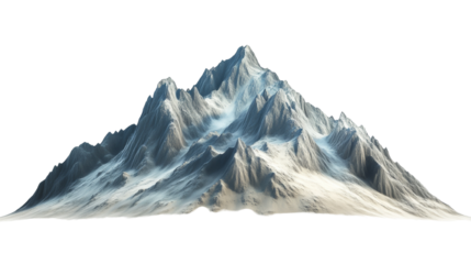 Isolated snowy mountain range with detailed geological formations against a transparent setting
