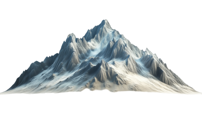 Isolated snowy mountain range with detailed geological formations against a transparent setting
