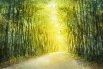 Naklejka premium Serene Bamboo Forest with Soft Light and Tranquil Pathway