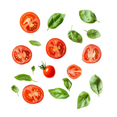 Vibrant arrangement of halved tomatoes and fresh basil leaves on a clean surface