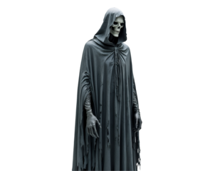 Grim Specter, A Phantom Figure in Tattered Cloak isolated against a stark studio environment, embodying themes of mortality and the spectral realm, shrouded in mystery