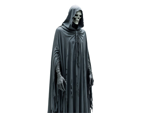 Grim Specter, A Phantom Figure in Tattered Cloak isolated against a stark studio environment, embodying themes of mortality and the spectral realm, shrouded in mystery