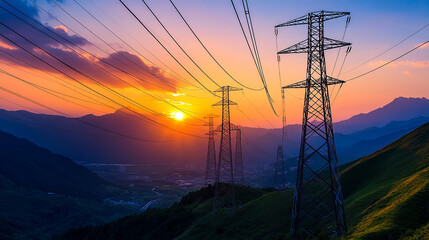 Majestic Sunset Over Mountain Range with Power Lines