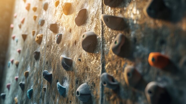 Colorful climbing holds on an indoor rock climbing wall, showcasing a variety of shapes and grips for climbers.