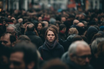 Young woman feeling lost and overwhelmed in a dense crowd, grappling with anxiety and a sense of isolation amidst the bustling urban scene