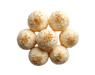 High-Angle Top View of a Symmetrical Cluster of Plump, Rounded Japanese Rice Balls Adorned with Golden Sesame Seeds Displayed on a Dark Background