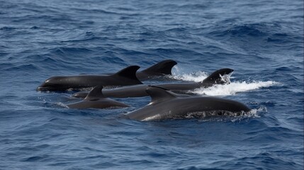 Fototapeta premium Pod of Pilot Whales Swimming in Open Ocean