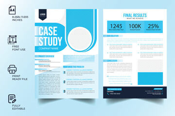 Case study flyer template for corporate business project with company logo and icon. Professional annual report with creative modern background. Marketing poster, brochure or research paper.