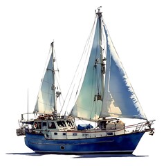 Blue sailboat with white sails, isolated on white. Sailing vessel on open water