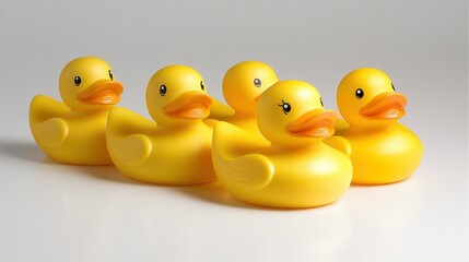 Five yellow rubber ducks in a row