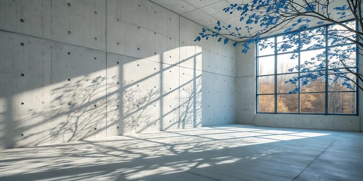 empty room studio with blue shadow of leaves on concrete