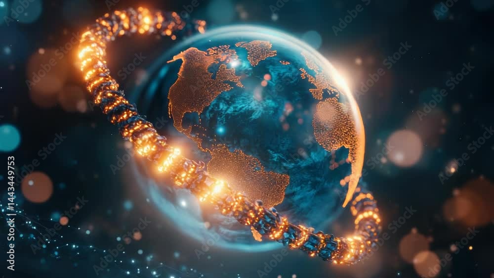 Poster planetary scene with an orange and blue planet surrounded by stars, ideal for space-themed projects 