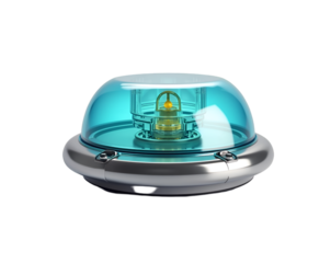 Highly Detailed Rendering of a Modernized Ambulance Light with Reflective Chrome Base and a Translucent Blue Casing that Encapsulates a Yellow Rotating Element